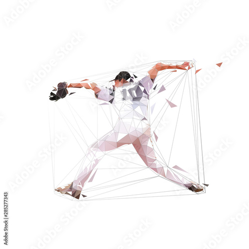 Baseball pitcher throwing ball, isolated low poly vector illustration, geometric drawing. Baseball player