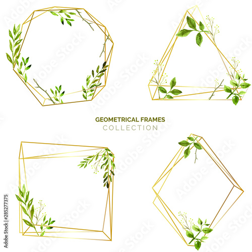 Watercolor geometric frame with green tropical leaves hand-drawn and gold polygonal lines illustration set