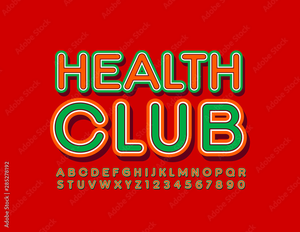 Vector modern logo Health Club. Green and Red Uppercase Font. Bright Alphabet Letters and Numbers