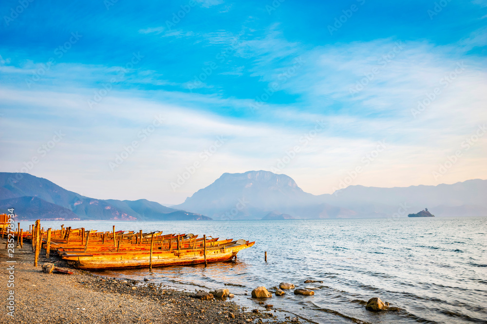 Landscape of Lugu Lake. It is an alpine lake. Located in Yunnan, China.