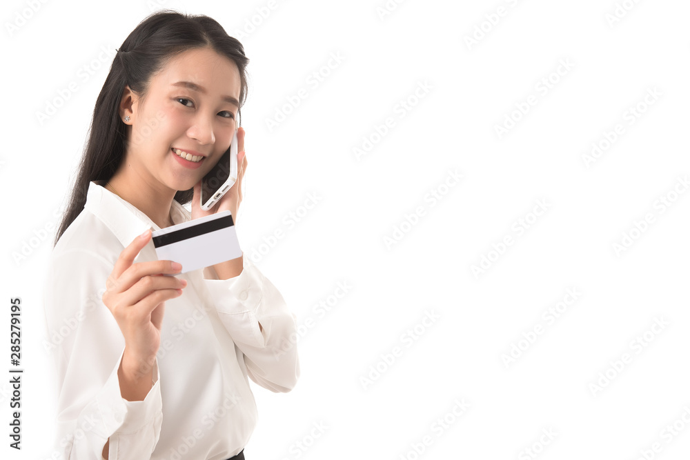 Portrait of business woman holding blank business card and use smartphone on white background. shopping online concept. Portrait of business woman holding blank business card and use smartphone on white background. shopping online concept.