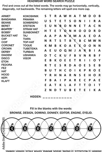 Puzzle page with two word games (English language). Headwear word search puzzle. Common knowledge fill the wheels criss-cross. Black and white, A4 or letter sized. Answer included.