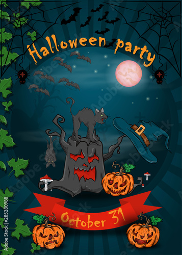 design posters for decoration of the holiday all Hallows eve, Halloween party, scary tree stump with a cat