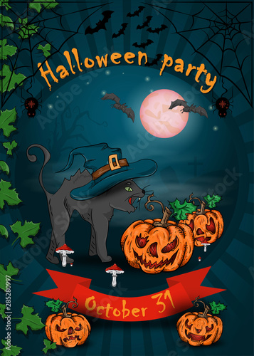 design posters for decoration of the holiday all Hallows eve, Halloween, the evil cat in witch hat with pumpkins next to the cemetery