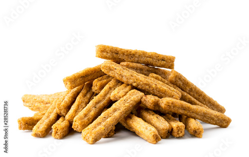 Pile of crackers snack for beer close-up on a white background. Isolated