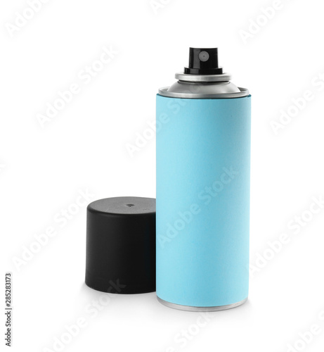 Open bottle of spray deodorant on white background