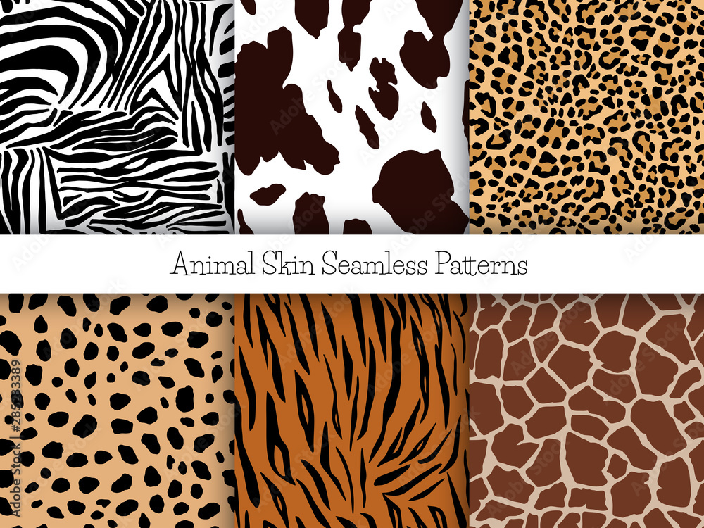 Set of animal seamless prints. Vector illustration. Zebra, cow, leopard, cheetah, tiger and girafe patterns collection in different colors in flat style. Stock Vector | Adobe Stock Set of animal seamless prints. Vector illustration. Zebra, cow, leopard, cheetah, tiger and girafe patterns collection in different colors in flat style. Stock Vector | Adobe Stock