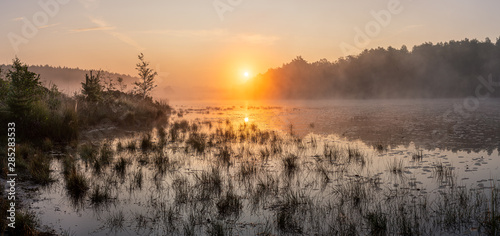 Sunrise over a pond in the grassland - Limburg, Belgium. In the summer the sun rises just between the trees in the background. A bit of fog completes the picture. photo