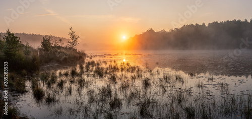 Sunrise over a pond in the grassland - Limburg, Belgium. In the summer the sun rises just between the trees in the background. A bit of fog completes the picture. © krist