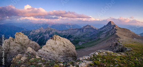 Sunset over the Gap Valley, the Drac Valley and the Tourond peak in the Ecrins National Park, French Alps