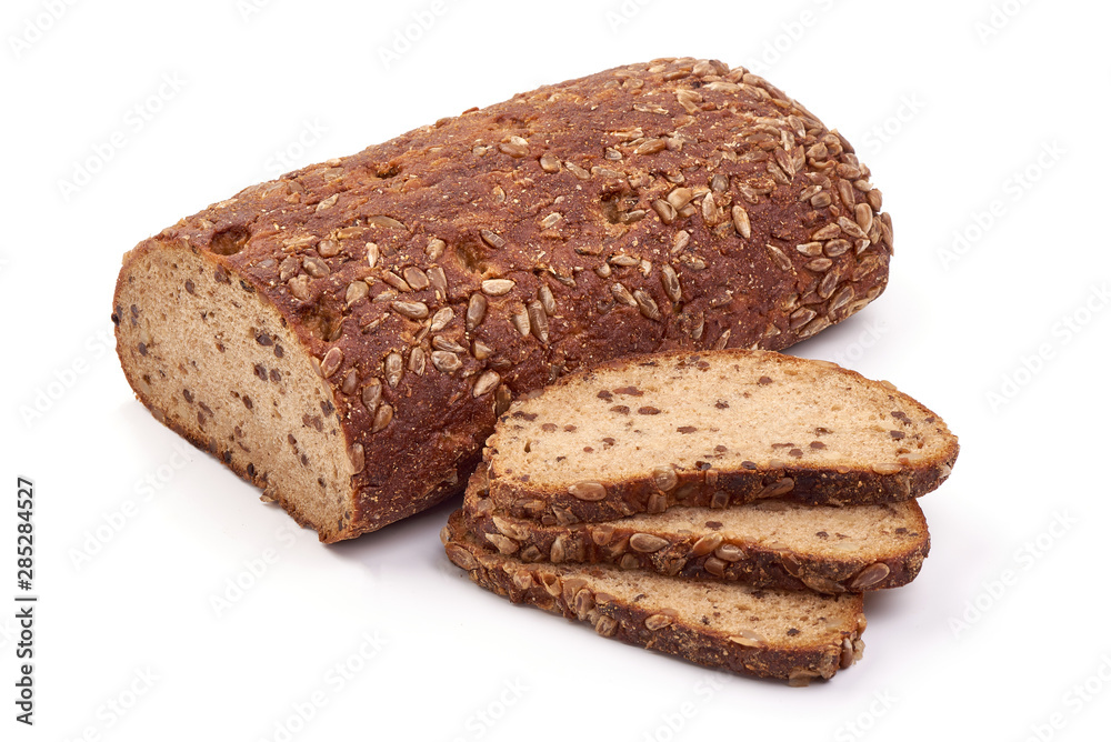 Sliced rye bread with sunflower seeds, isolated on white background