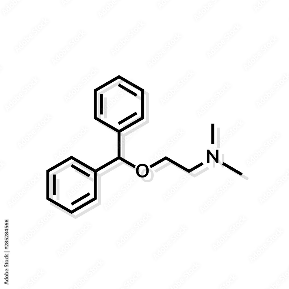 Diphenhydramine chemical formula on white background Diphenhydramine chemical formula on white background