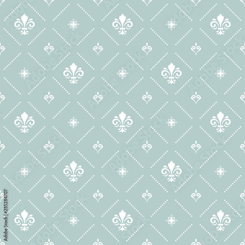 Seamless light blue and white dotted pattern. Modern geometric ornament with royal lilies. Classic vintage background