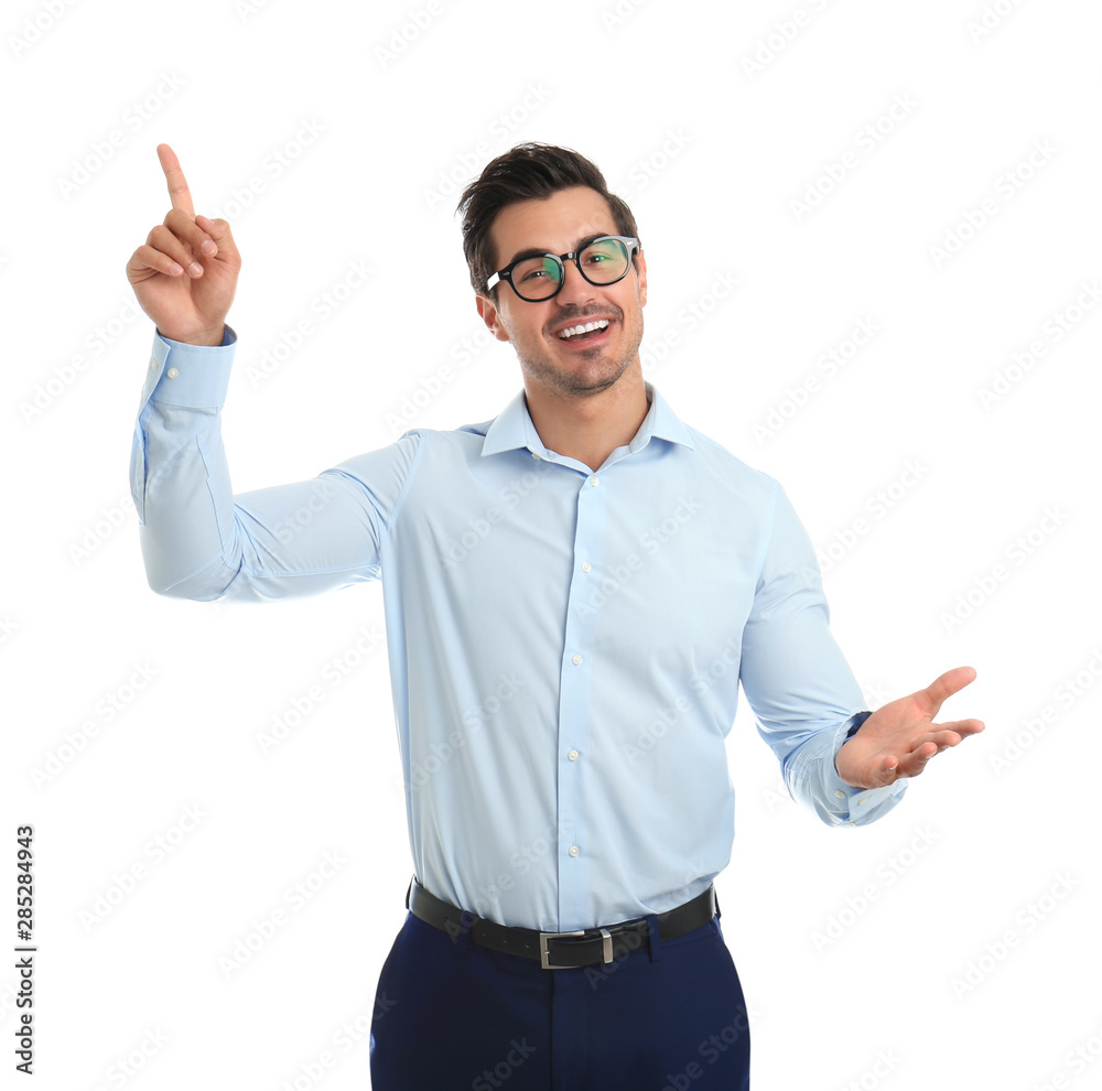 Young male teacher with glasses on white background Young male teacher with glasses on white background