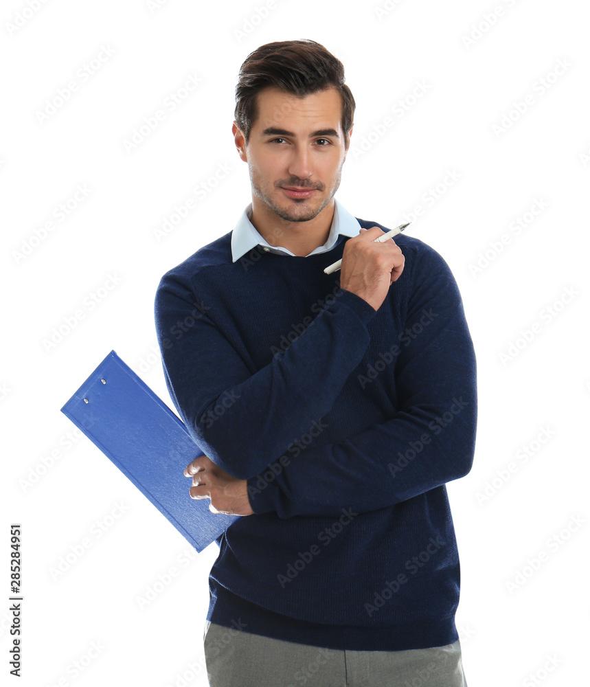 Young male teacher with clipboard on white background Young male teacher with clipboard on white background