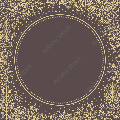 Winter frame with golden arabesques and snowflakes. Fine greeting card. Pattern with snowflakes