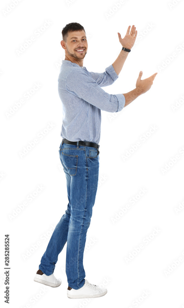 Professional business trainer showing at something on white background Professional business trainer showing at something on white background
