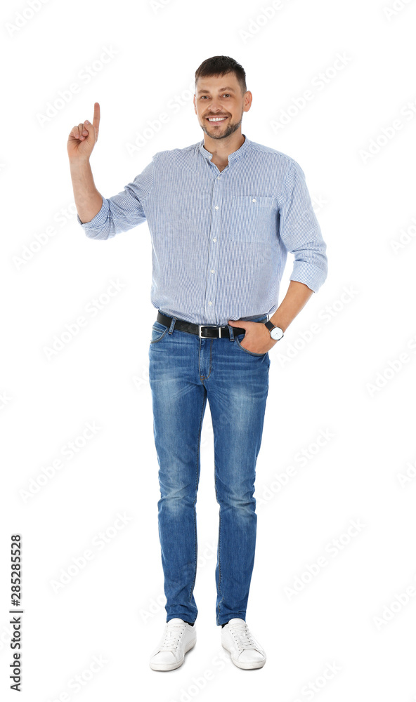 Professional business trainer showing at something on white background Professional business trainer showing at something on white background