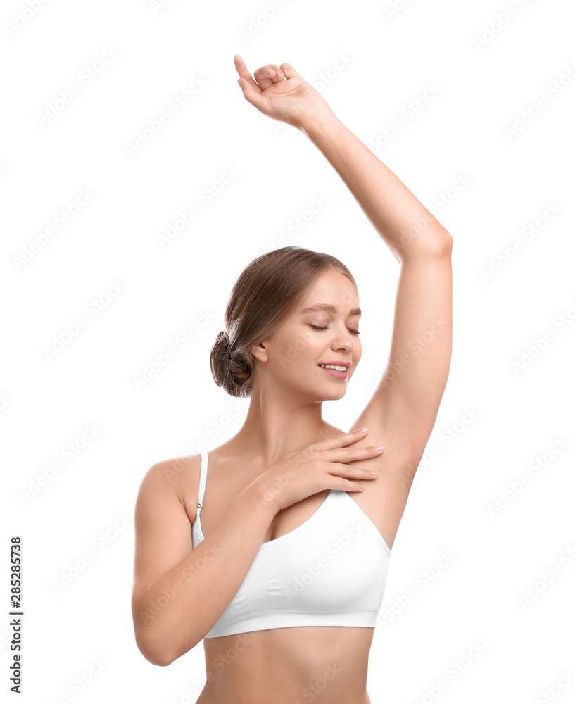 Young woman with smooth clean armpit on white background. Using deodorant Young woman with smooth clean armpit on white background. Using deodorant