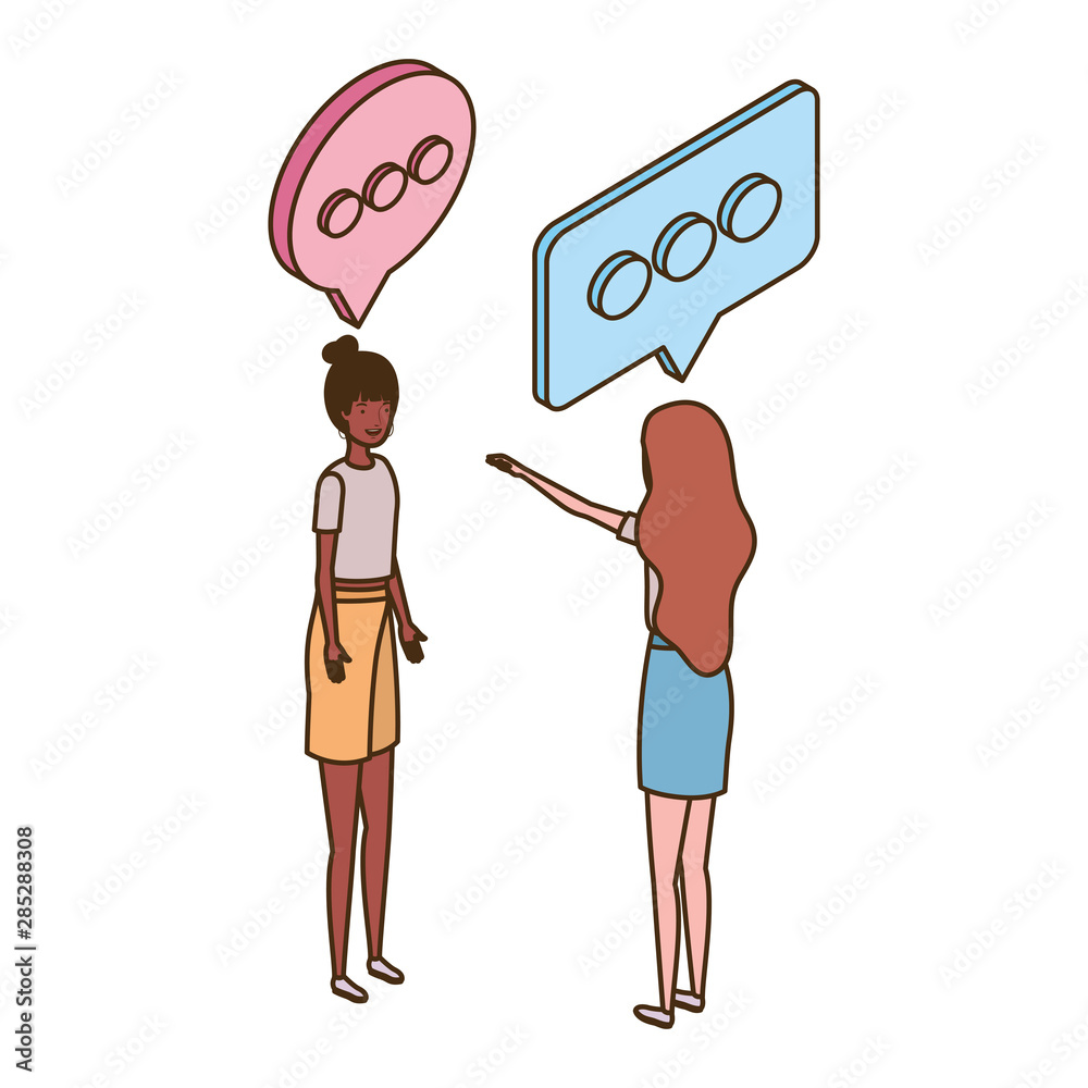 women standing with speech bubble on white background women standing with speech bubble on white background