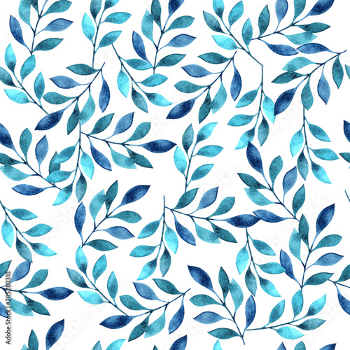 Watercolor seamless pattern with leaves. Herbal background.