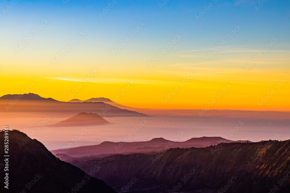 Sunrise at Mount Bromo volcano, in East Java, Indonesia.