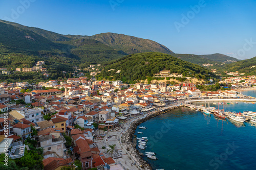Parga town at sunset. View from old castle. Summer season at popular greek resort. Greece.