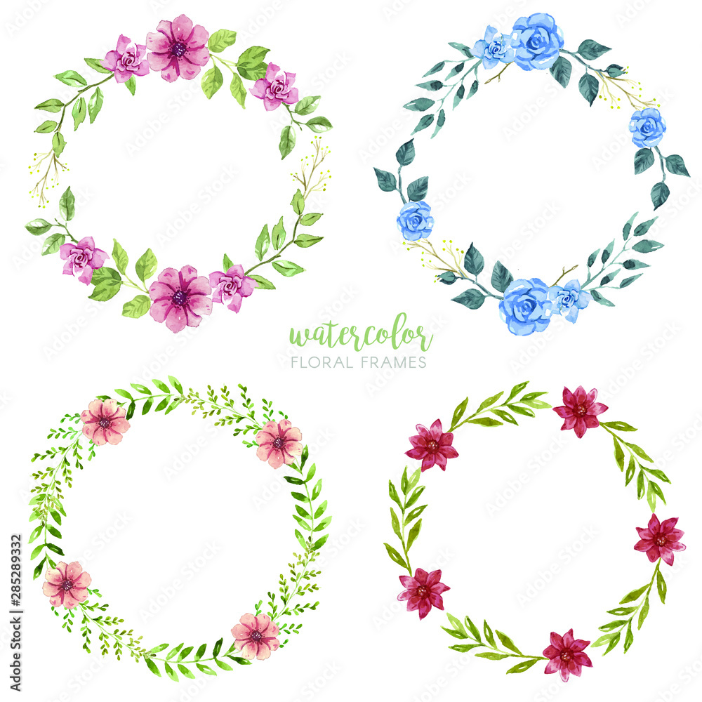 Obraz premium Watercolor floral circle frame collection, Hand drawn flowers romantic wreath set