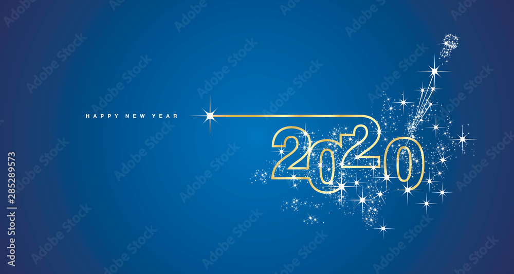 Plakat New Year 2020 line design firework champagne gold shining white blue vector