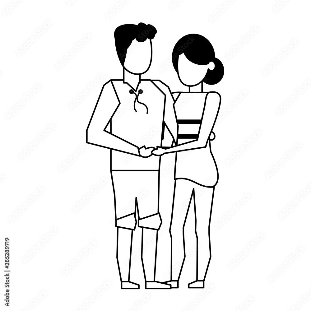 couple love young relationship cartoon in black and white