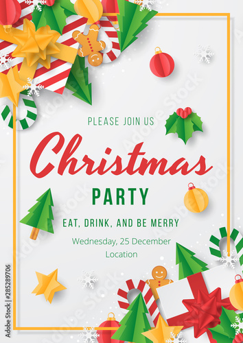 Christmas party poster template with christmas element on white background. Papercut style. Vector illustration