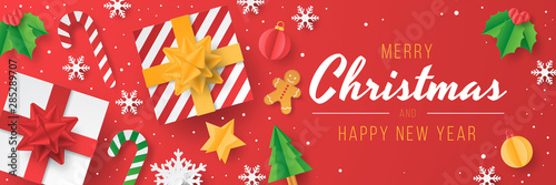 Christmas banner with christmas element on red background. Papercut style. Vector illustration