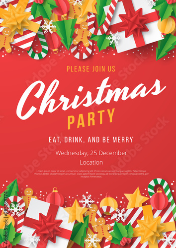 Christmas party poster template with christmas element on red background. Papercut style. Vector illustration