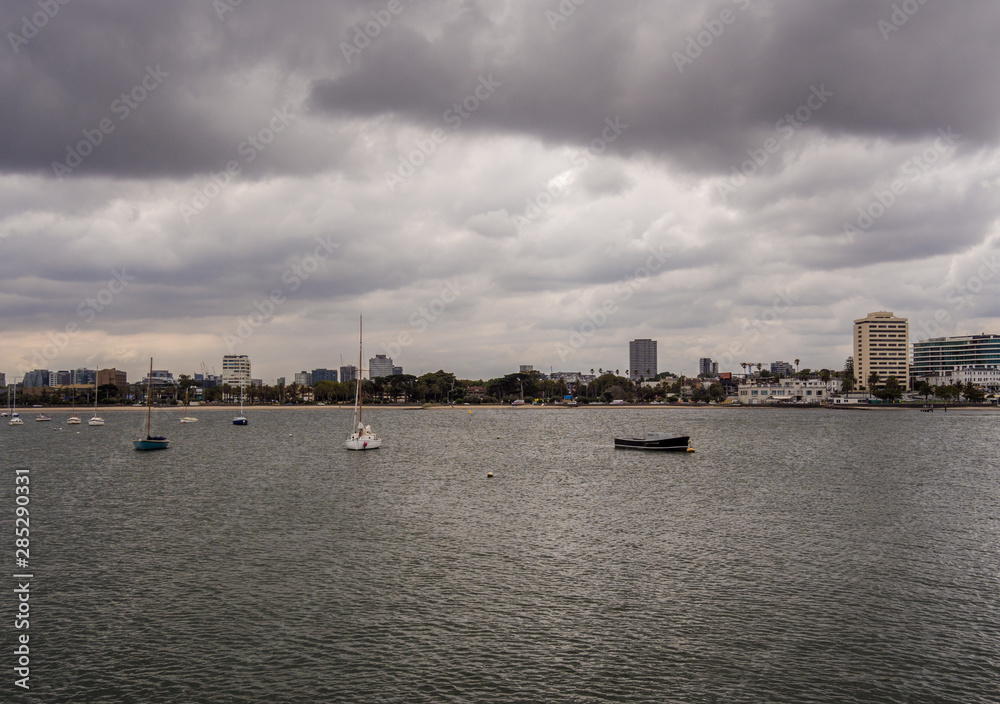 View of St Kilda and pleaseure yachts from St Kilda tourist pier, St Kilda, Melbourne, South Australia