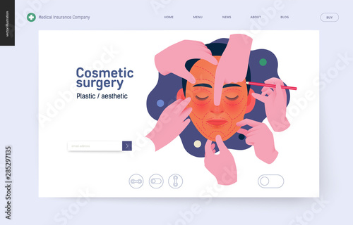 Medical insurance -cosmetic, plastic, aesthetic surgery -modern flat vector concept digital illustration -surgical cosmetic procedure metahor -female face, dotted lines, hands wearing surgical gloves