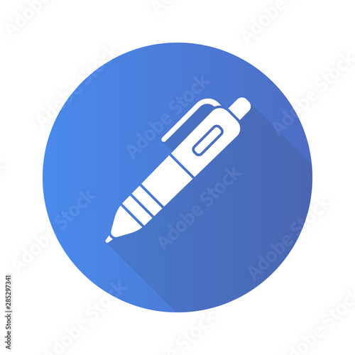 Ballpoint pen flat design long shadow glyph icon. Writing tool vector silhouette illustration. Stationery items shop, school supplies store logo. Document signing instrument. Education attribute