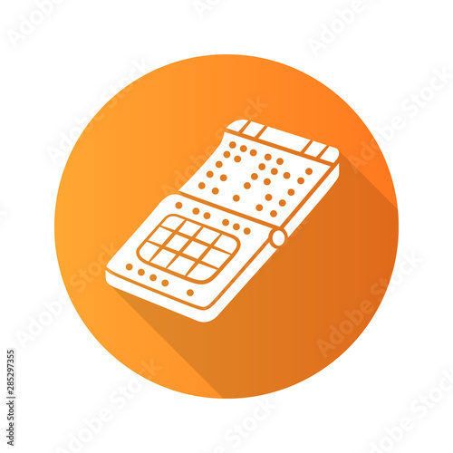 Braille print smartphone flat design long shadow glyph icon. Phone with braille, tactile display, screen. Blind person gadget, technological advancement. Vector silhouette illustration