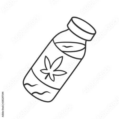 CBD drink linear icon. Weed product. Cannabis industry. Ganja cocktail. Relaxing beverage. Bottle with herbal liquid. Thin line illustration. Contour symbol. Vector isolated drawing. Editable stroke