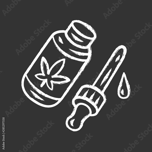 CBD oil chalk icon. Weed product. Cannabis industry. Medical uses of ganja. Hemp distribution, sale. Alternative medication. Marijuana legalization. Drug use. Isolated vector chalkboard illustration