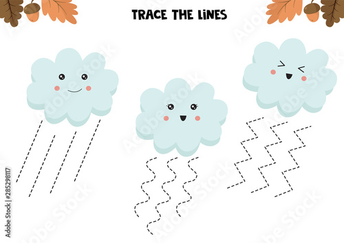 Educational game for kids. Preschool worksheet. Trace the lines. Cute clouds. Handwriting practice.