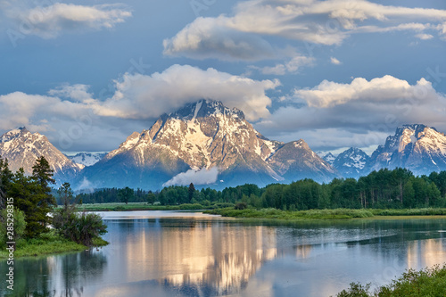 Grand Teton Mountains from Oxbow Bend on the Snake River at morning. Grand Teton National Park, Wyoming, USA. photo