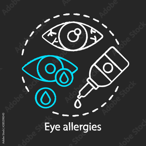 Eye allergies chalk concept icon. Allergic conjunctivitis idea. Seasonal spring, summer pollen allergy symptom. Bloodshot eye. Vector isolated chalkboard illustration