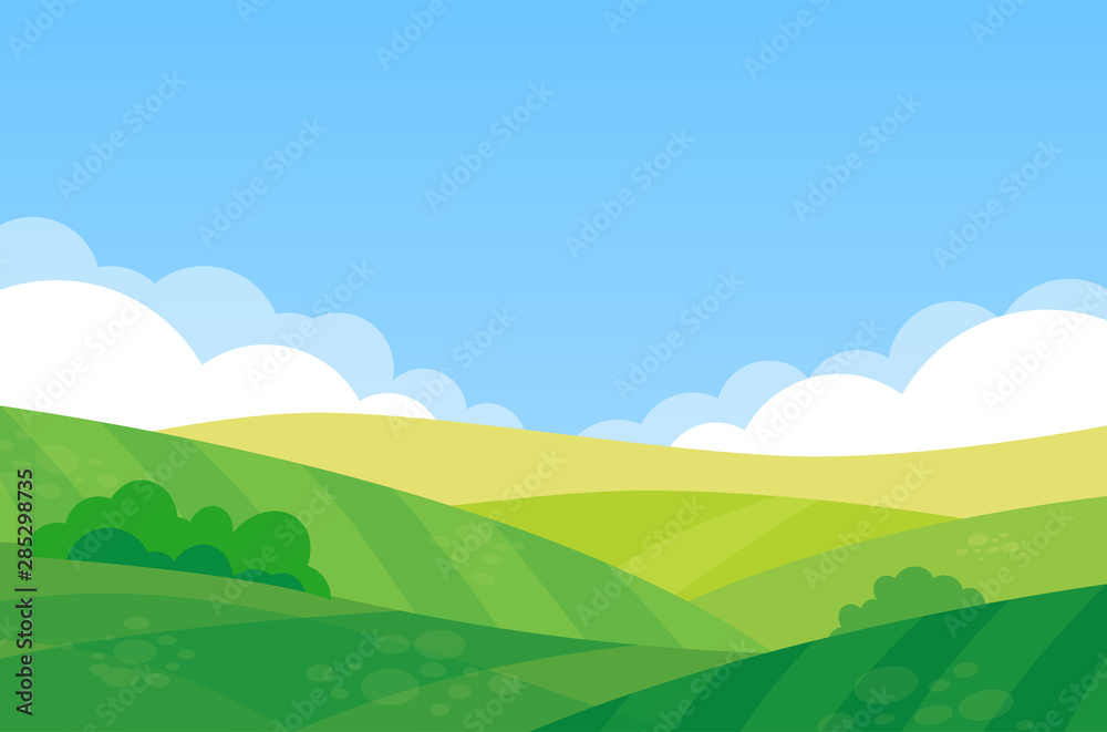 Plakat Piękny krajobraz pola gospodarstwa, ilustracji wektorowych wiejskiej łące lato w słoneczny dzień w stylu cartoon płaskie.