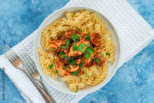 Smoky chicken and mushrooms with tomto sauce and pasta in a bowl - overhead view photo