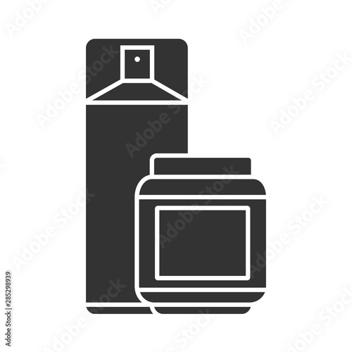 Hairspray glyph icon. Hairstyling products. Means for fixing wet and dry hair. Products for hair harden and wind protection. Silhouette symbol. Negative space. Vector isolated illustration
