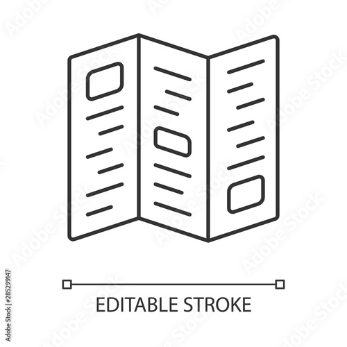 Information booklet, brochure linear icon. Advertising pamphlet thin line illustration. Unfolded paper sheet contour symbol. College advertisement vector isolated outline drawing. Editable stroke