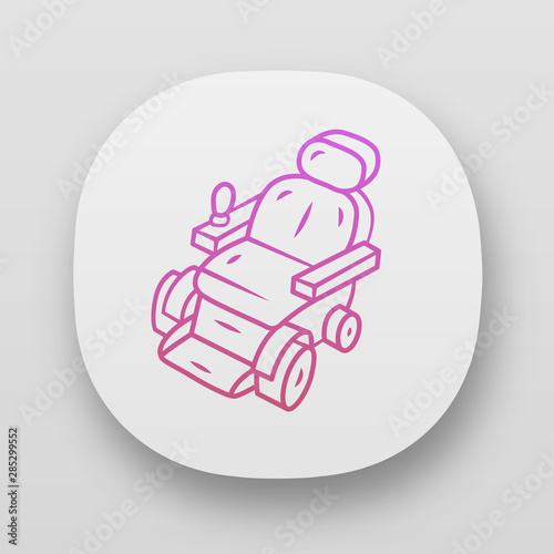 Motorized wheelchair app icon. Mobility aid device for physically disabled. Transportation for handicapped person. UI/UX user interface. Web or mobile applications. Vector isolated illustrations