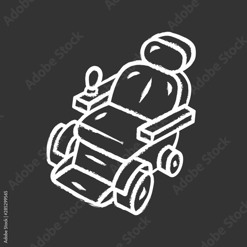 Motorized wheelchair chalk icon. Mobility aid device for physically disabled people. Transportation for handicapped person. Remote controlled scooter. Isolated vector chalkboard illustration