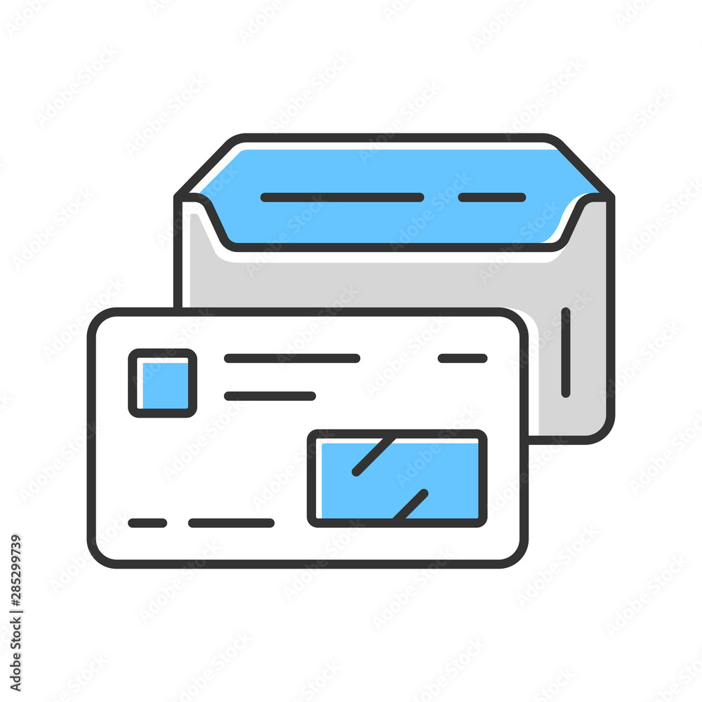 Open envelope and credit card color icon. Driver licence, id isolated vector illustration. Banking business, delivery service. Mail receiving, corporate pass. Company employee, worker attribute Open envelope and credit card color icon. Driver licence, id isolated vector illustration. Banking business, delivery service. Mail receiving, corporate pass. Company employee, worker attribute