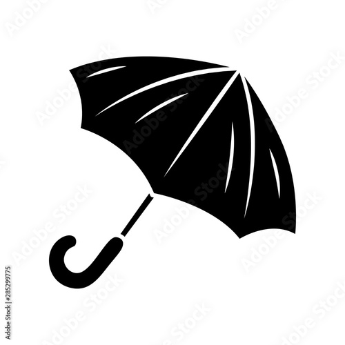 Opened umbrella glyph icon. Bad, rainy, stormy weather water protection. Fashionable travel accessory. Carryon sunshade, parasol. Silhouette symbol. Negative space. Vector isolated illustration